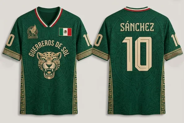 2026 Mexico Aztec Calendar Floral Print Unisex Green Soccer Jersey Quick Dry Polyester Football Fan Athletic Short Sleeve Tee