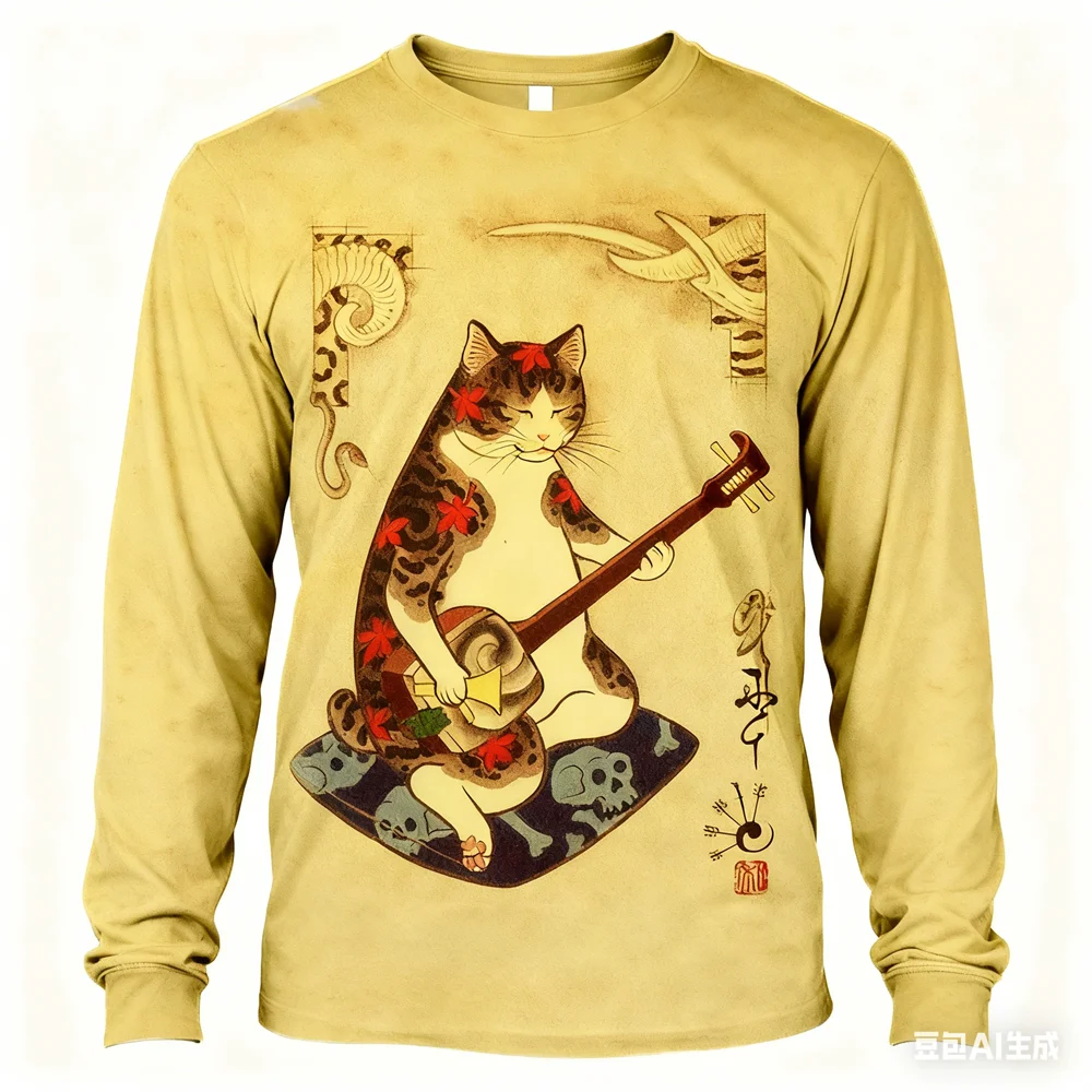 春秋カジュアルOネックルーズ長袖トップス日本武士猫プリントメンズTシャツヒップホップトレンドTシャツy2k服