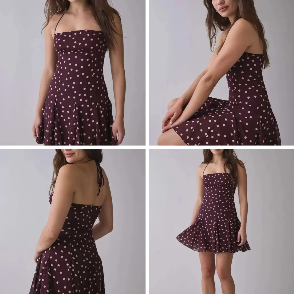 

Chic Polka Dot Chiffon Dress for Women, Sleeveless Backless Halter Mini Dress with Waist Cinching (Characters: 78)