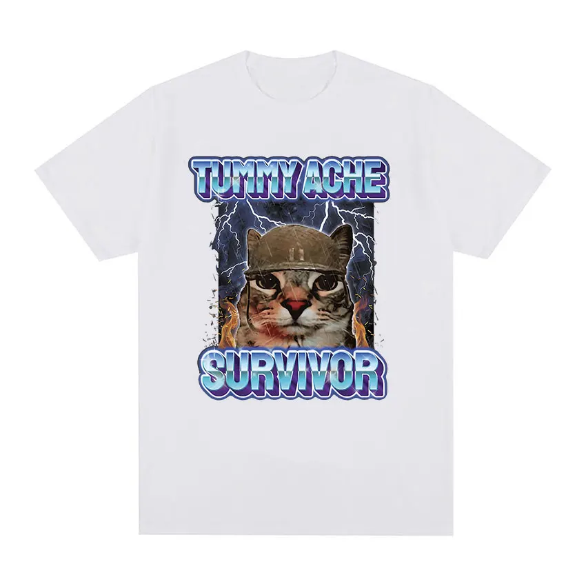 Vintage Tummy Ache Survivor Funny Cat Meme Tee Shirt Men Women Clothing Fashion Short Sleeve T-shirt Casual Pure Cotton T Shirts