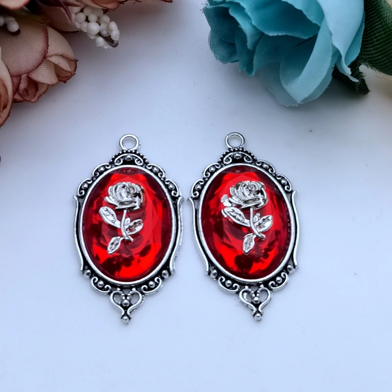 5pcs 42*23mm Gothic Red and Black Crystal Rose with Frame Embossed Accessories DIY Crafts Making Charm Pendant Jewelry Making