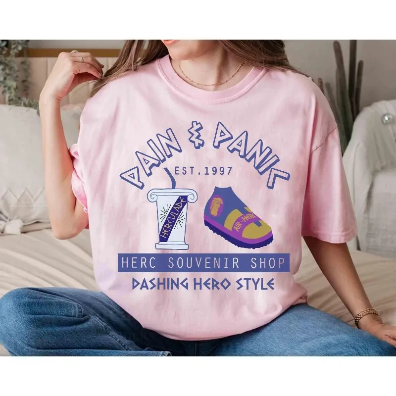 ديزني هرقل الألم والذعر هيركي تذكارية متجر 1997 قميص القطن كل موسم قاعدة طبقة قميص جرافيك تي شيرت