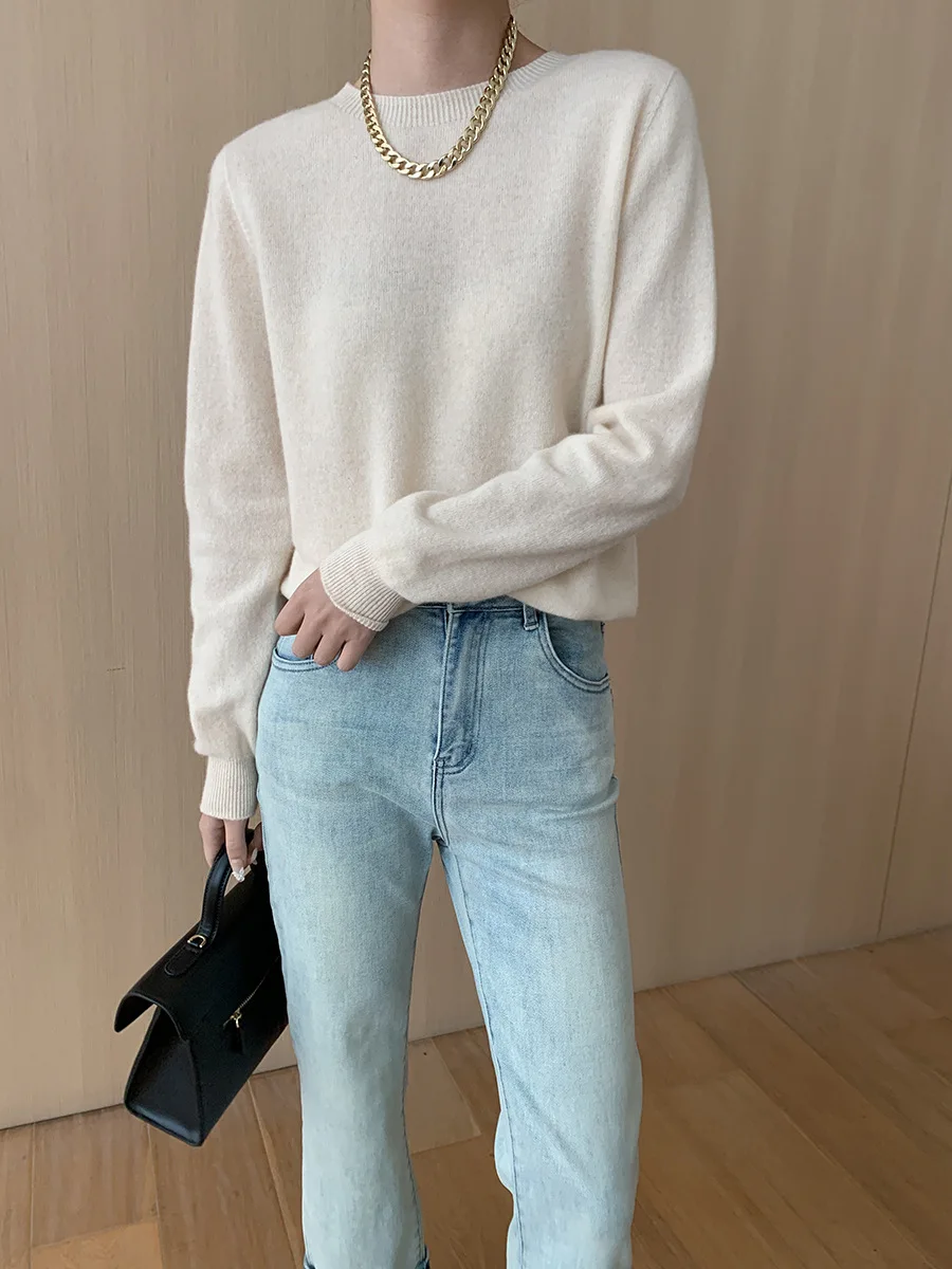 Spring and Autumn Wool Women\'s Casual Solid Color Round Neck Long Sleeve Sweater