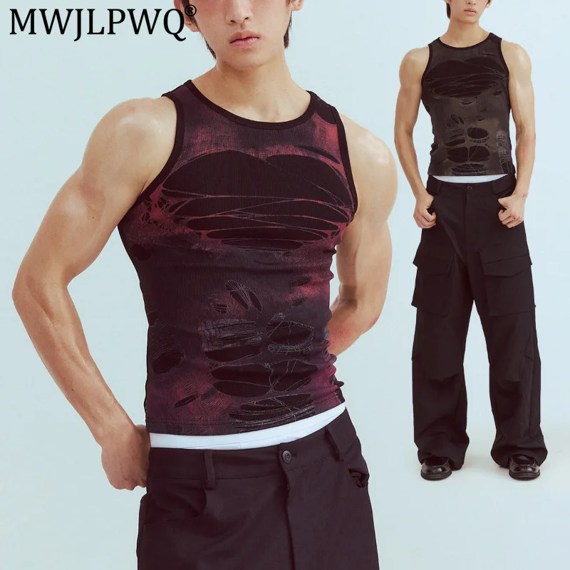 MWJLPWQ Men Round Neck Sleeveless Tank Top Gradient Crack Printed Slim Fit Cropped Vest Y2K Streetwear Sleeveless Tops 20927