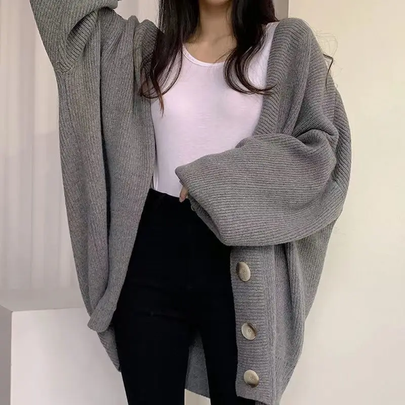 Women 2023 New Knitted Cardigan Sweater Plus-size Fall/winter Casual Slouchy V-neck Single-breasted Loose Balloon Sleeve Coat