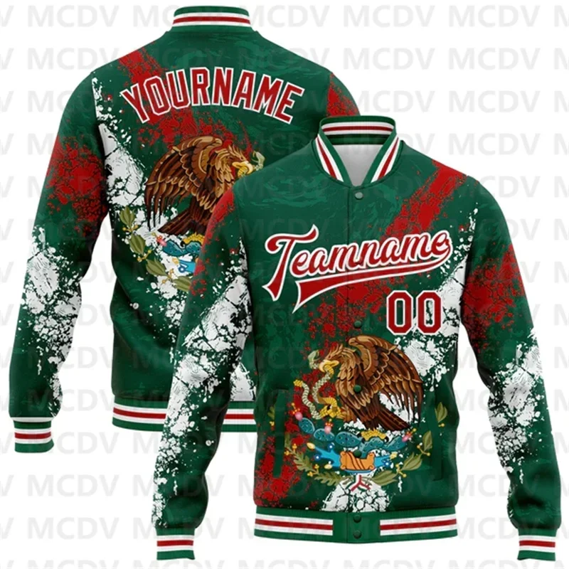 Custom White Kelly Green-Red Mexico 3D Bomber Full-Snap Varsity Letterman Jacket