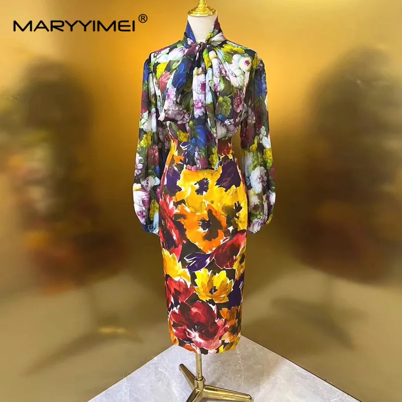 MARYYIMEI Fashion Runway Designer Women\'s 2024 Spring New Scarf Collar Printed Silk Shir+Split Silk Hip Wrap Skirt 2-Piece Set