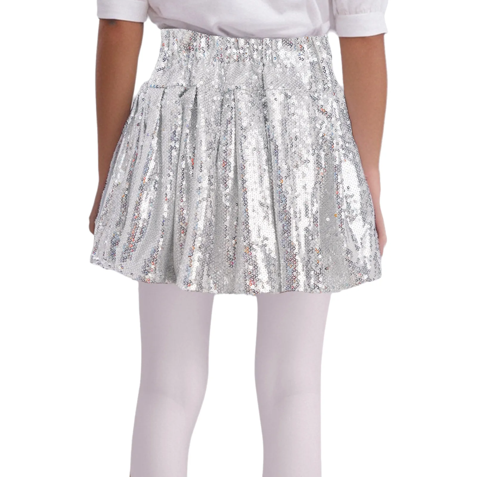 Kids Girls Sparkling Sequins Skirt Elastic Back Waist Skirt with Built-in Shorts for Birthday Party Stage Performance