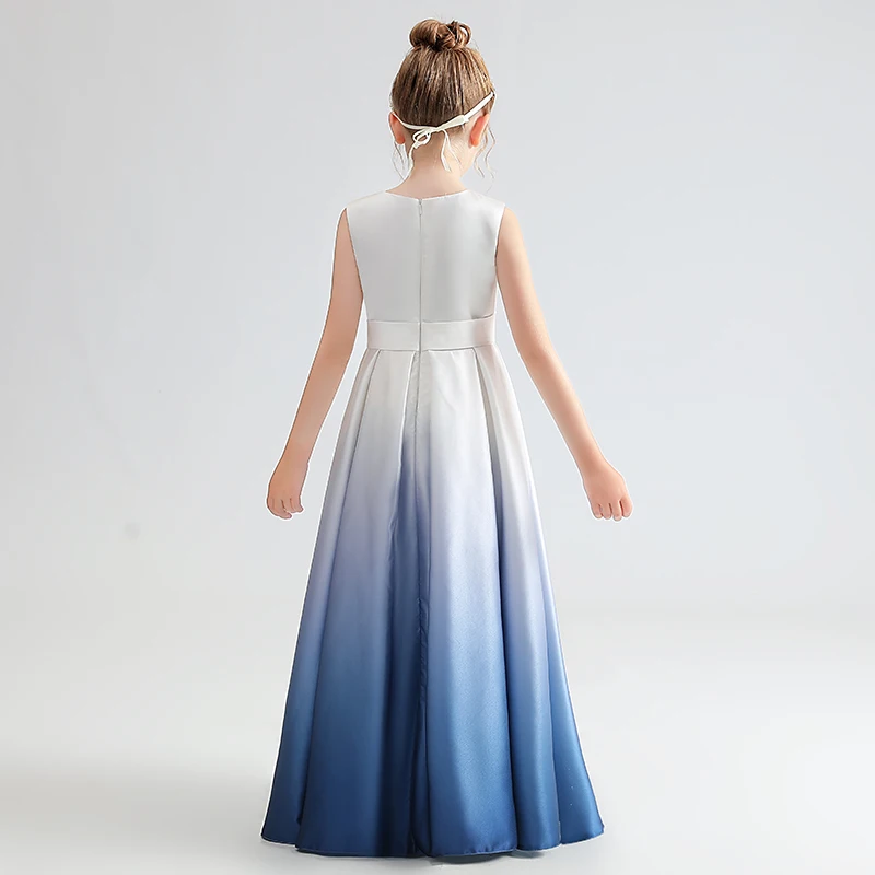 Yzymanual room Farbverlauf Farbe lange Satin Abendkleid für Mädchen blau ärmellose elegante plissierte Junior Brautjungfer kleider