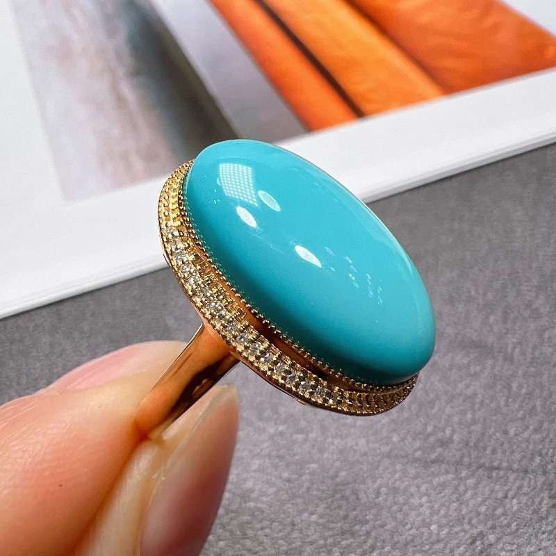 Original Large oval turquoise rings for women Classic ethnic style Simple blue engagement Light luxury party banquet jewelry