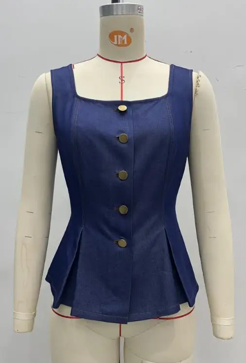 

Women's Fashion Vest with Gold Buckle Decoration and Cotton Polyester Imitation Denim Vest Top Temperament Casual Tank Tops