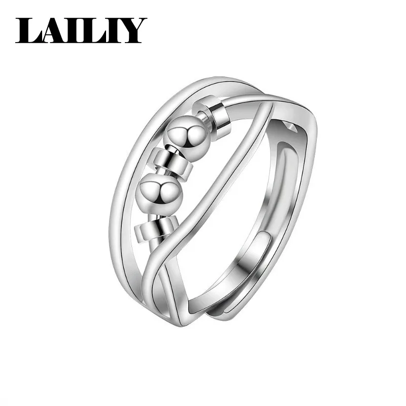 LAILIY925 Sterling Silver Birthday Gift Party Rotating Beads Hip Hop Style Adjustable Ring for Men Women Fashion Jewelry