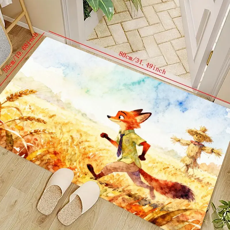 

1PC Whimsical Cartoon Fox Runner Rug, Vivid Watercolor Wheat Field Area Mat with Scarecrow, Non-Slip Soft Floor Mat for Living R