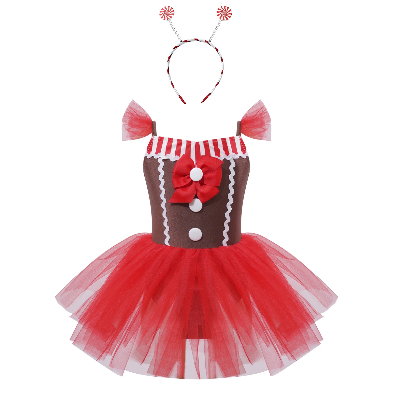 Kids Girls Christmas Gingerbread Man Cosplay Performance Costume Ballet Dance Skating Tutu Leotard Dress with Lollipop Hair Hoop
