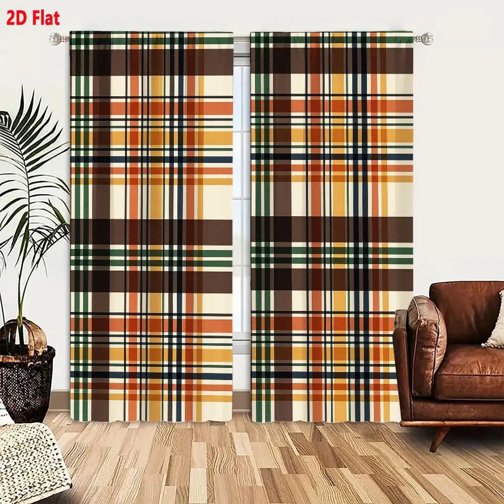 2Pcs Curtains 2D Flat Classic Plaid Tartan Pattern Brown Orange Green Black On Cream Background For Fabric And Wallpaper Window