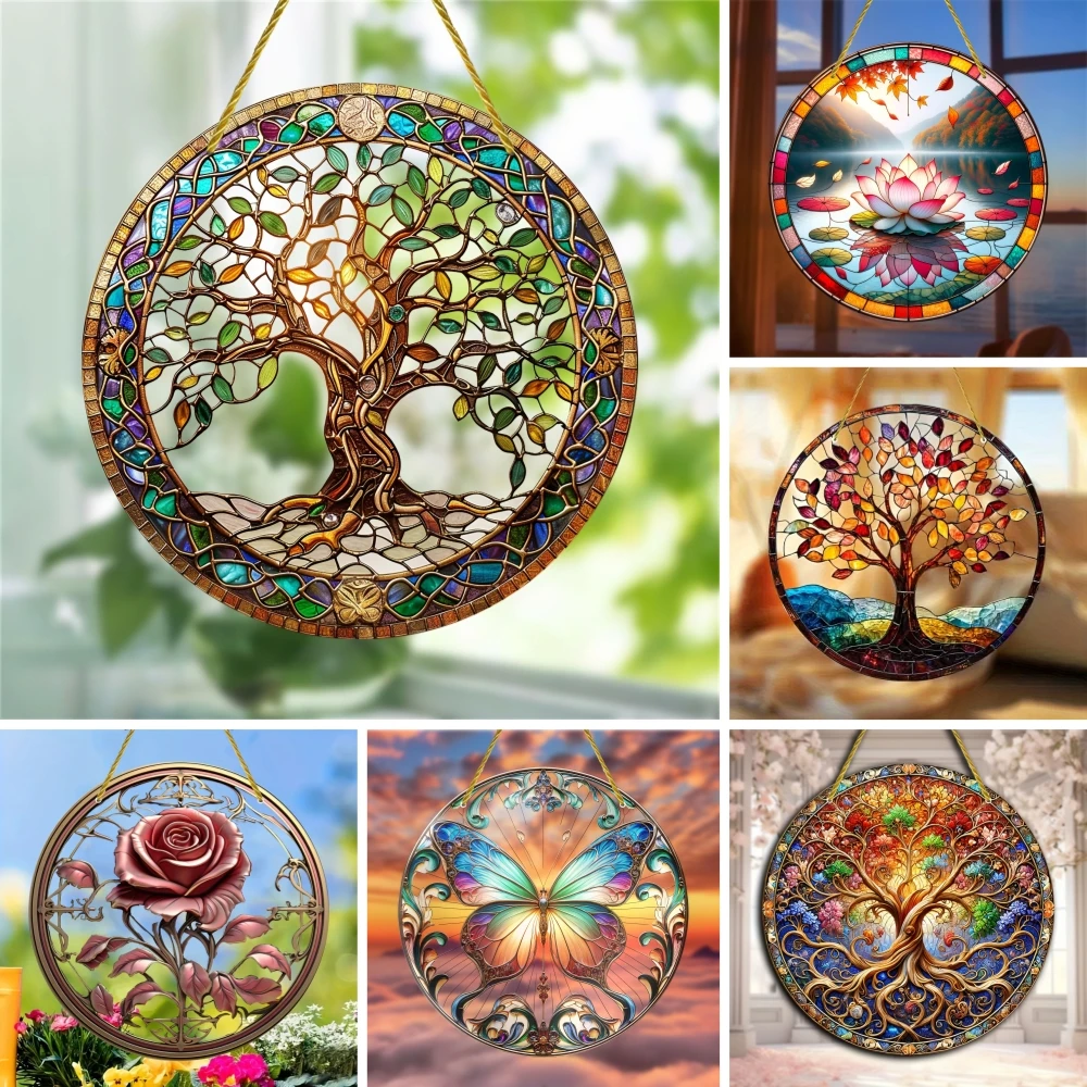 Tree of Life Symbol Suncatcher Acrylic Window Art Catcher for Prom Decor, Decorative Hanging Glass Window for Room, Garden Porch