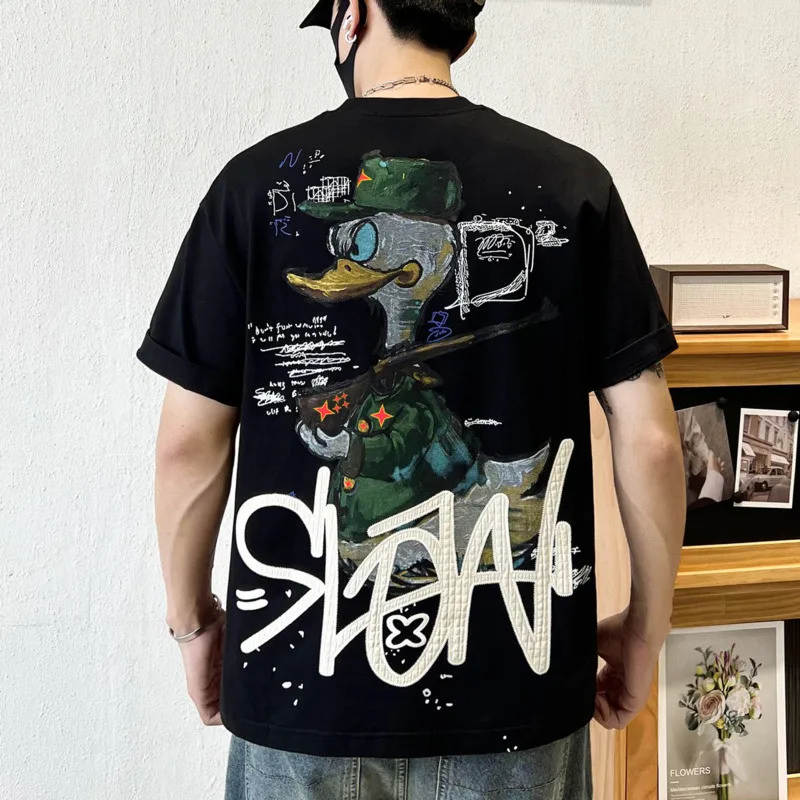 

American retro cartoon printing short-sleeved t-shirt men loose drop shoulder five-quarter sleeve high street tide men couple ca