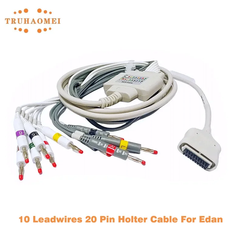 10 Leadwires 20 Pin Holter Cable For Edan DX12 PADECG ECG Cables IEC Banana 4.0 Wireless PC EKG Device Holter Leads