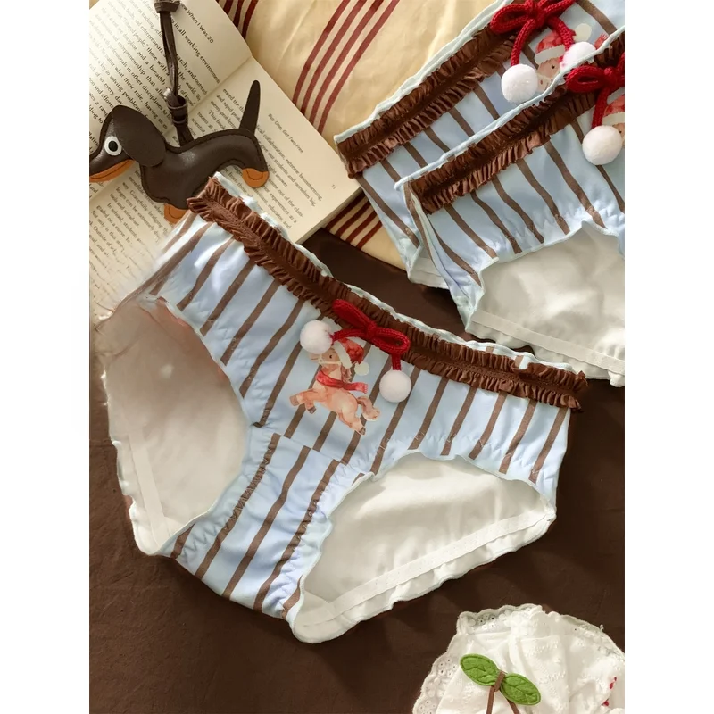 2026 New Models Girls Panties Blue Brown Vintage Striped Breathable Briefs Printed Cute Horse Furry Ball Bow Sweet Underpants