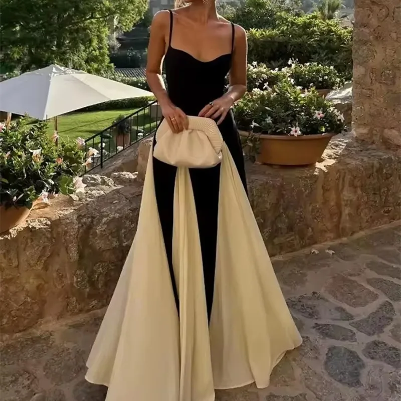 

Модное контрастное женское сексуальное длинное платье на тонких бретельках с v-образным вырезом, элегантное платье макси без рукавов с открытой спиной, женские вечерние платья, новинка