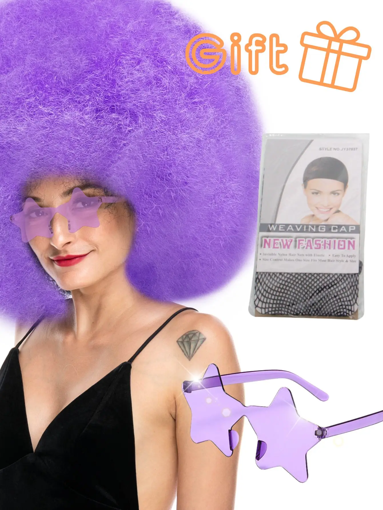 Oversized pluizig krullend haar pruik meerkleurig hittebestendig synthetische vezel met plus bril voor feest