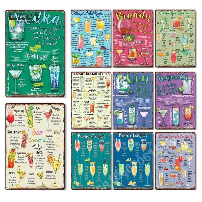 Vintage-Cocktails-Wandkunstschilder aus Metall für Zuhause, Bar, Kneipe, Dekor, Retro-Blechschilder mit ästhetischen Designs, perfekt für Club-Wanddekoration