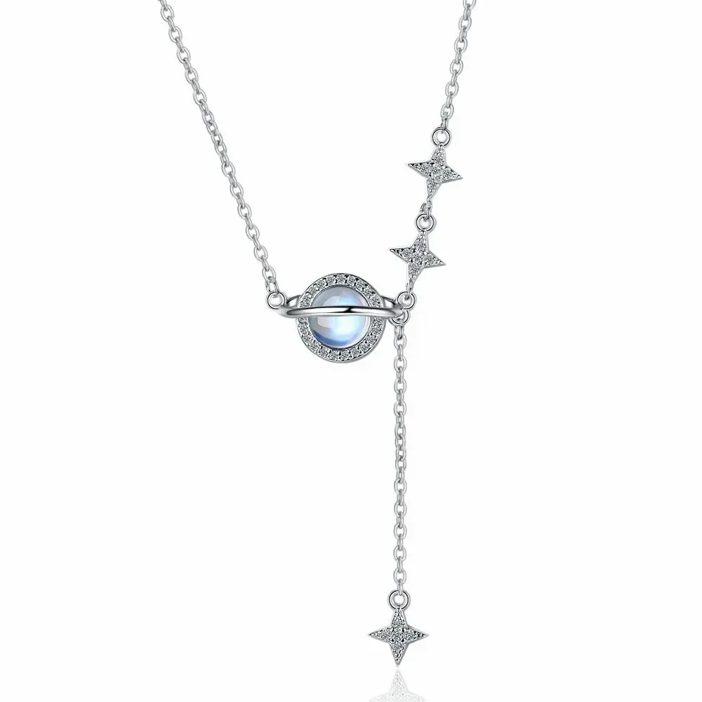 Europe 925 Sterling Silver Moonstone Planet Tassel Pendant Necklaces For Women Female Chokers Jewelry Collares Para Mujer