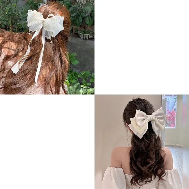 Women Elegant Lace Bow Ribbon Hair Clips Solid Color Satin Bowknot Clips Girls Korean Hairpins Party Headdress Hair Accessories