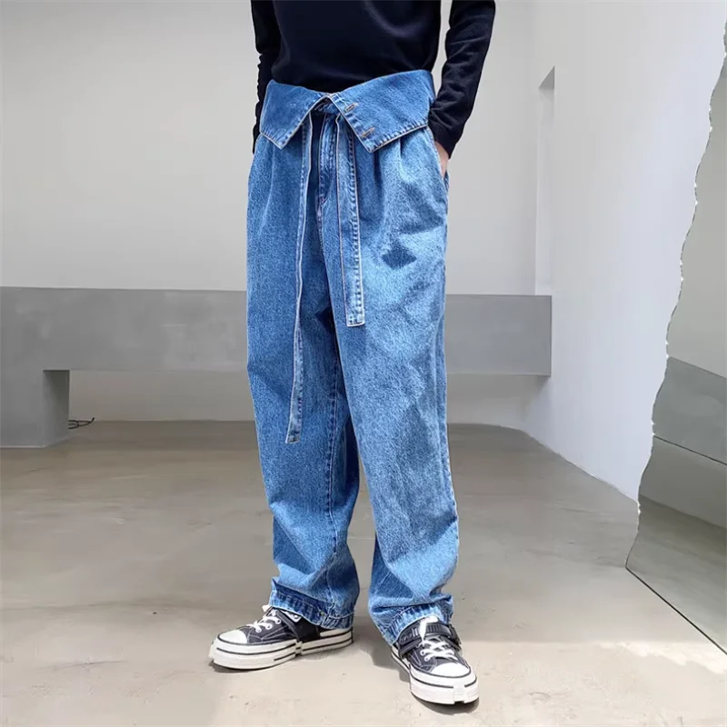 Pantalones vaqueros retro coreanos de cintura alta para hombre, diseño de cabeza de cintura con personalidad, pierna recta, pierna ancha, sensación