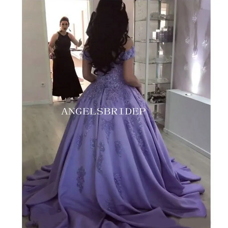 Angelsbridep-vestido de baile de satén para niños de 15 años, vestido de quinceañera con apliques, vestido de fiesta de noche con hombros descubiertos