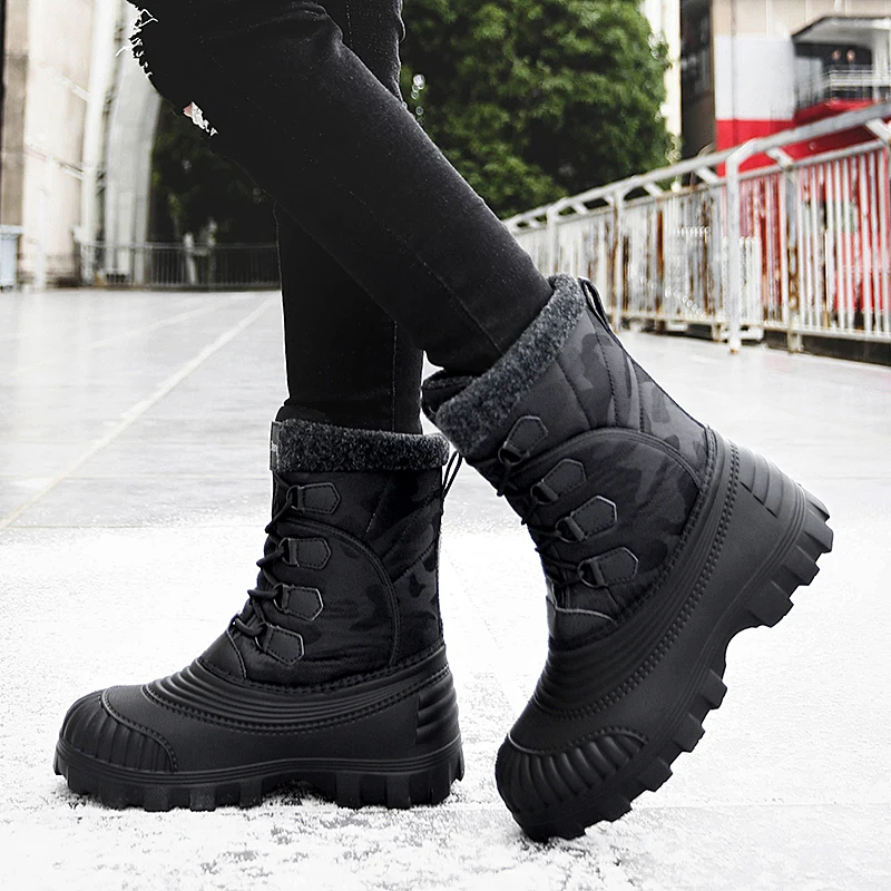 Botas de tornozelo de neve forro de pelúcia masculino, impermeável, antiderrapante, confortável, quente, ao ar livre, camurça, esqui, inverno