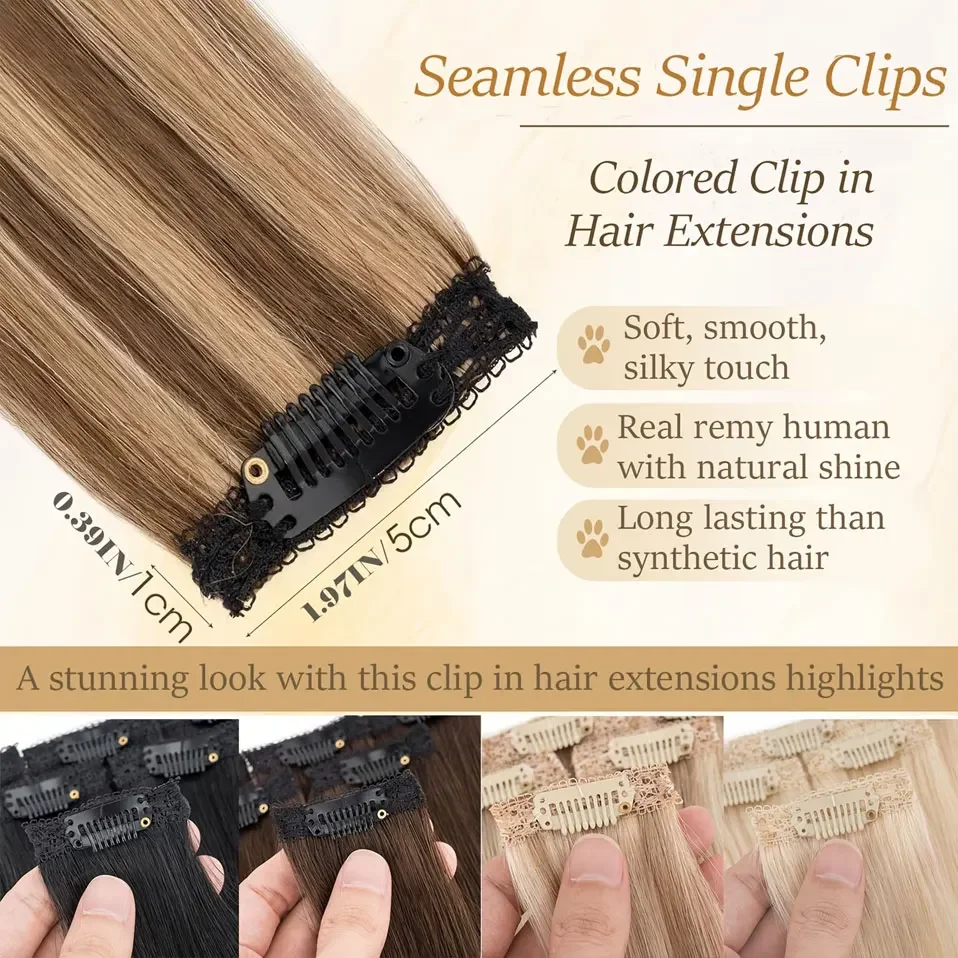 Clip in Hair Extensions Seamless Straight 6 Pcs Per Set with Double Weft Invisible Remy Human Hair Clip in Extensions for Women