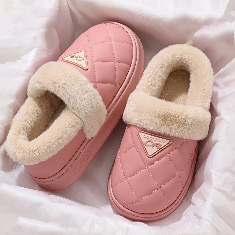 Pu Leather Waterproof Thick Bottom Plush Slippers Women Warm Anti Slip Platform Cotton Padded Shoes Soft Sole Fluffy Snow Boots