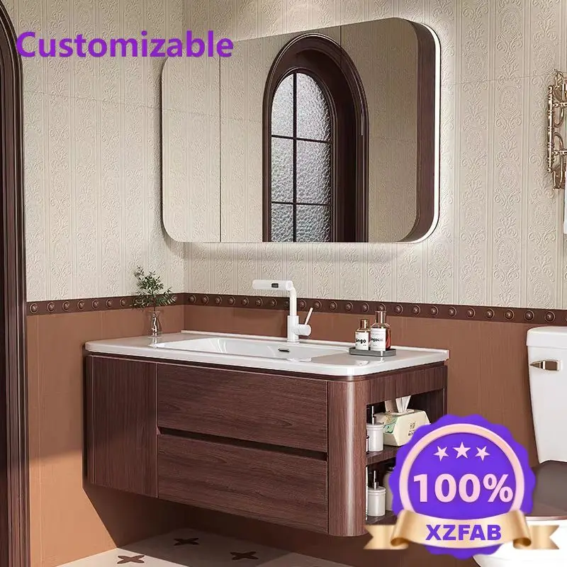 Factory Direct 2026 Medieval walnut color bathroom cabinet 2025 new bathroom cabinet ceramic integrated basin washstand with sid