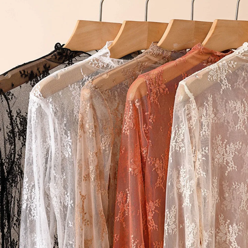 Sweet Mesh Transparent T-shirt Hollow Long Sleeve Lace Floral Shirts Undershirt Sheer Tees Lace Bottomed Blouse Girls