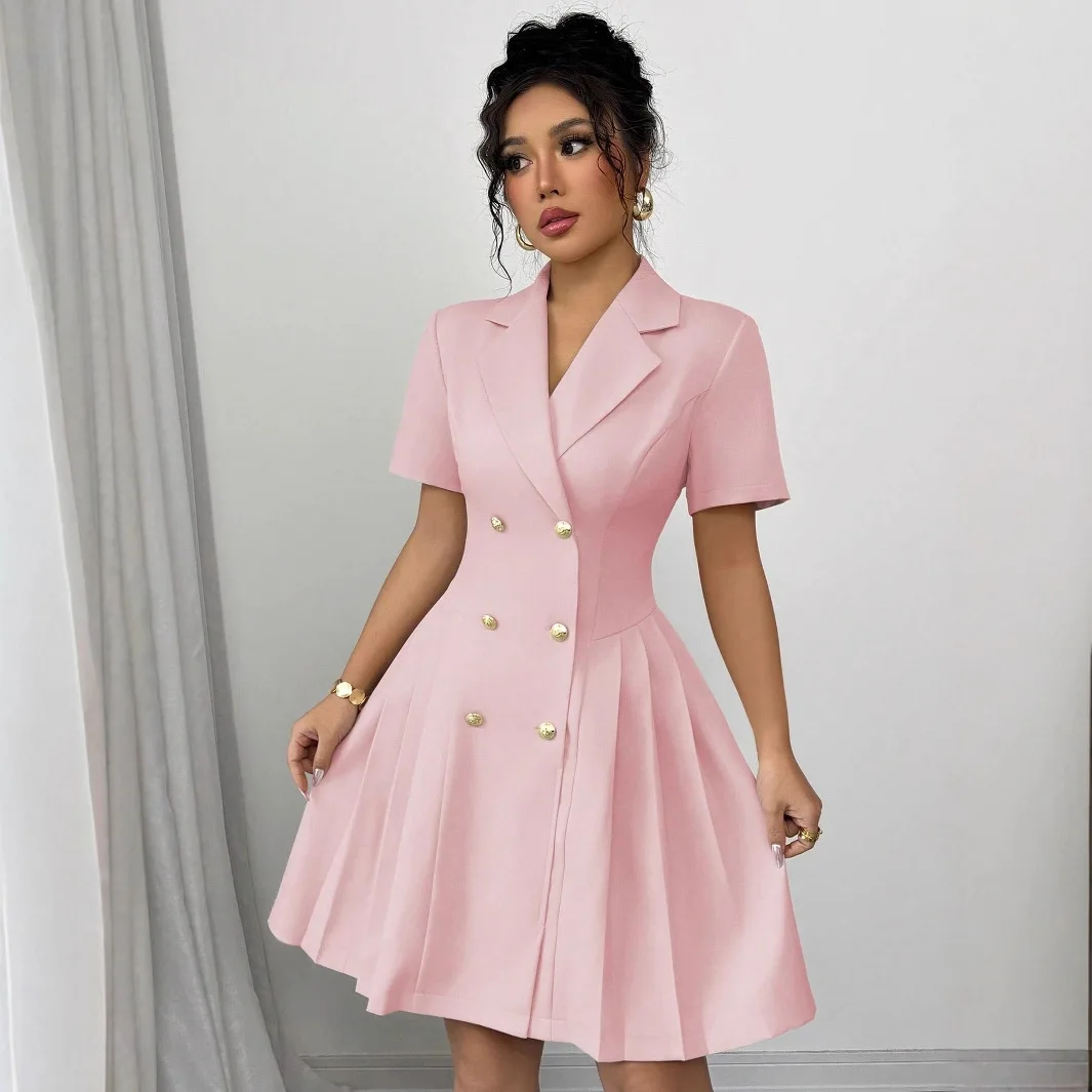 2025 صيف جديد بلون قصير الأكمام الخصر حزام مزدوجة الصدر فستان المرأة فساتين راقية رداء Vestido المرأة أنيقة