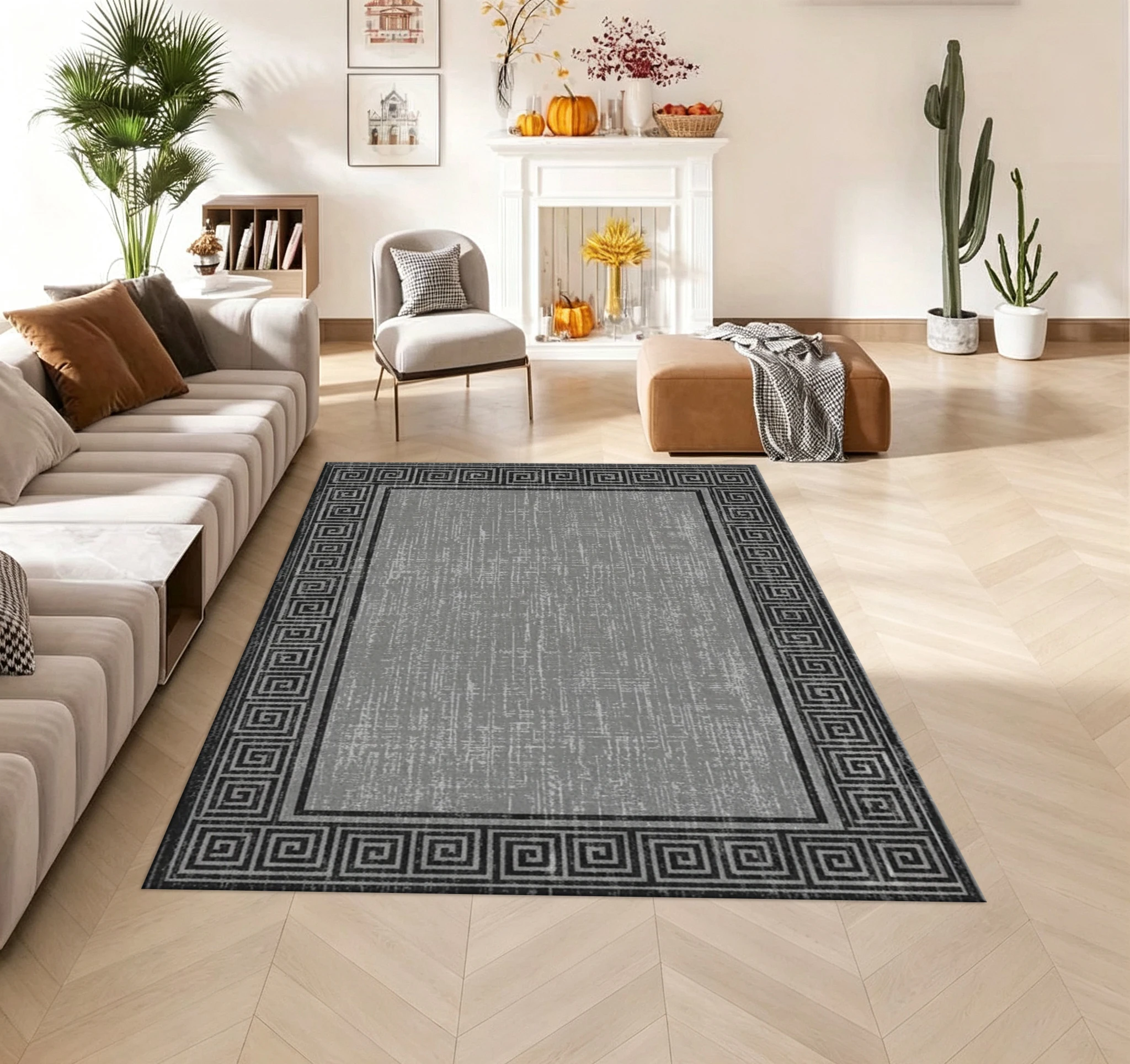 Modern Greek Key Border Distressed Area Rug Carpet Flooring Vintage Style Floor Mat for Living Room Office
