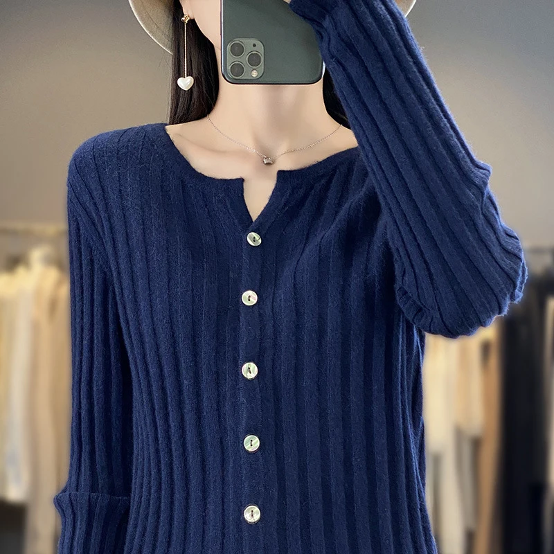 

Korean Fashion Ribbed Knitting Cardigan for Women 2025 Round Neck Single Breasted Sweaters Woman Autumn Winter Slim Fit Cardigan