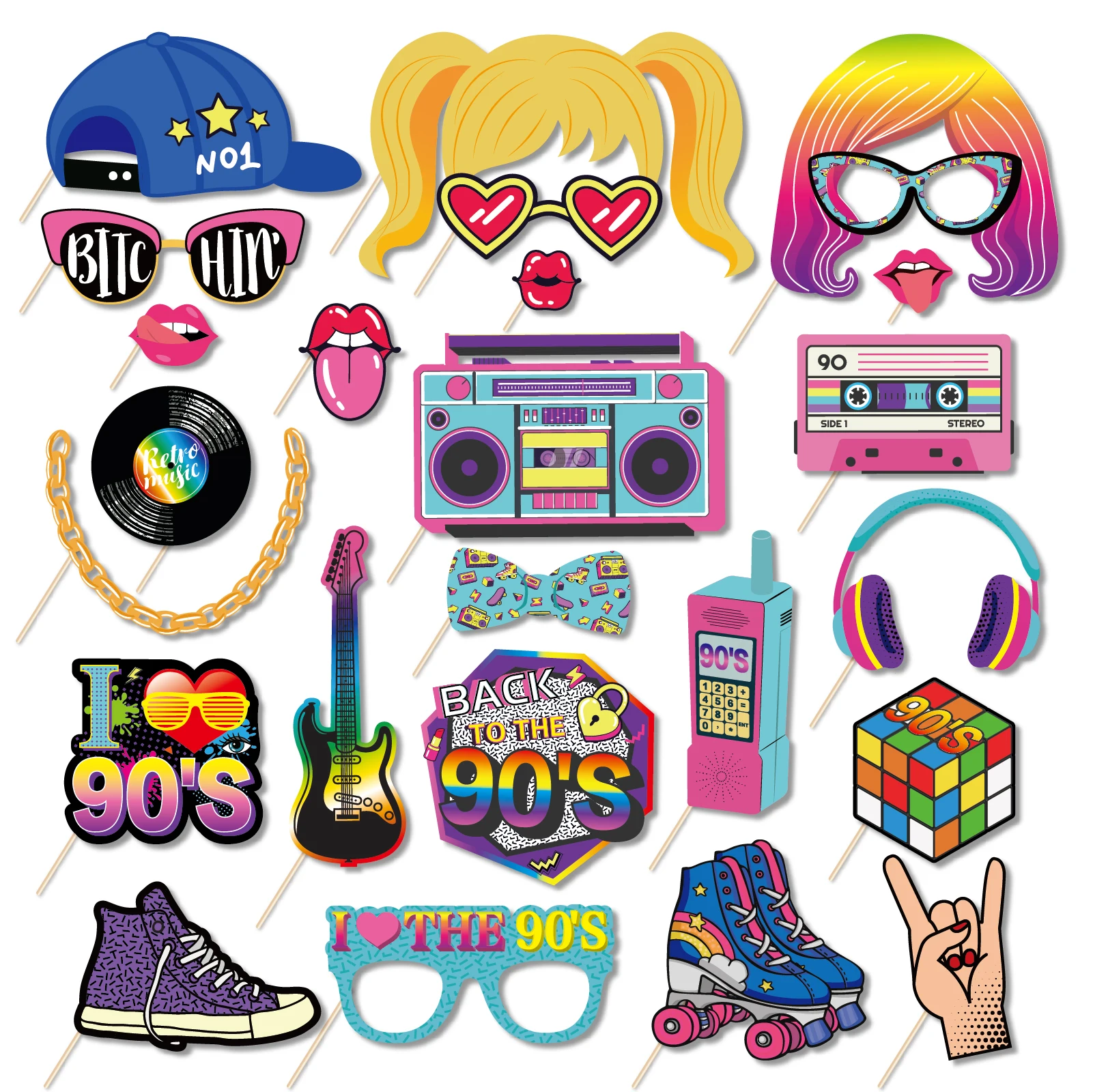 Funny Back to the 90s Party Photo Booth Props Decoration Retro Music Disco Video Glasses Mask Photography Prop Birthday Supplies