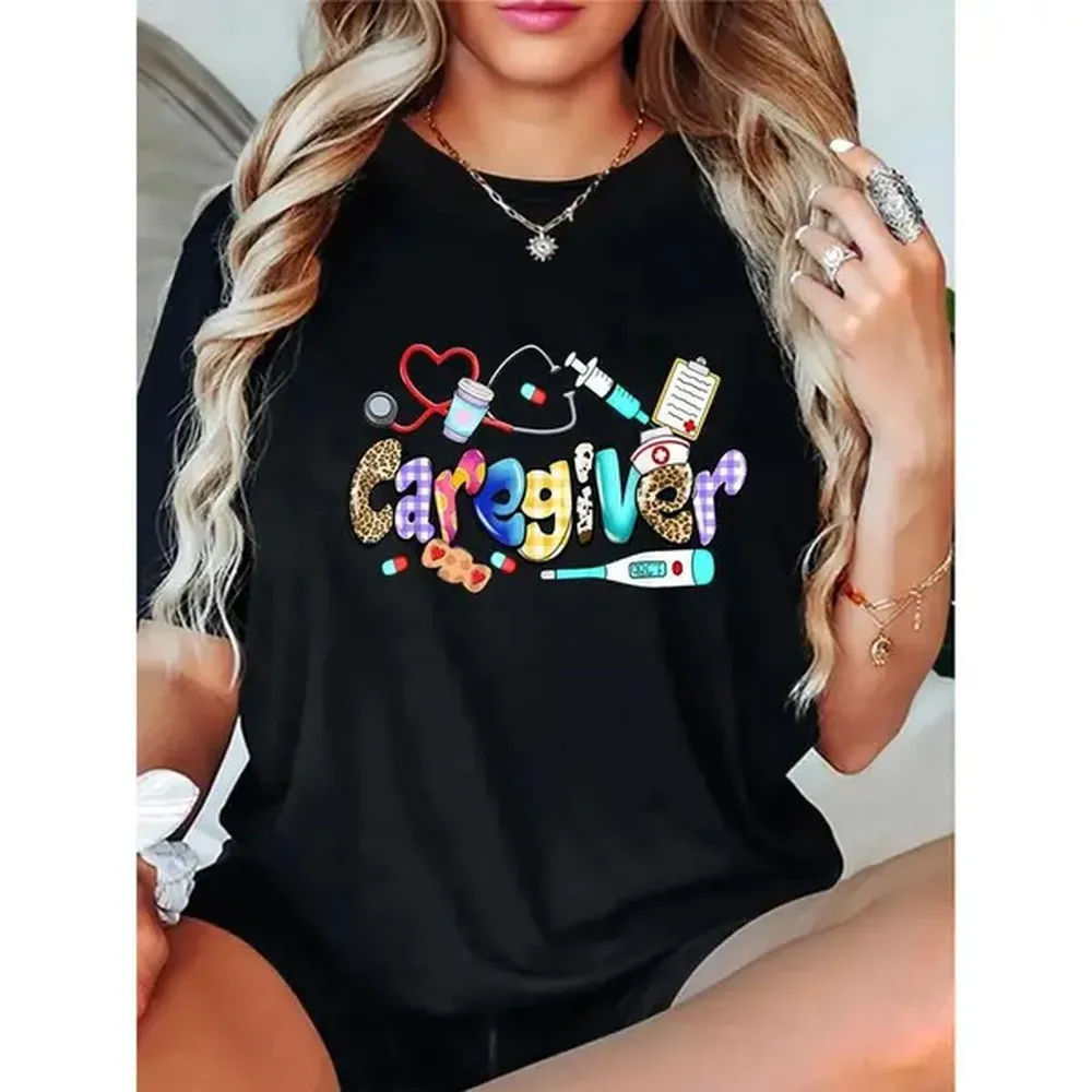 [100% Cotton] 1Pc Caregiver T-Shirt With Stethoscope & Leopard Print - Casual Crew Neck Knit Fabric Tee With Medium Stretch For All Seasons - Alphabet Pattern Life Gift Shirt Clothes Top Golf Gift T-Shirt For Men And Women