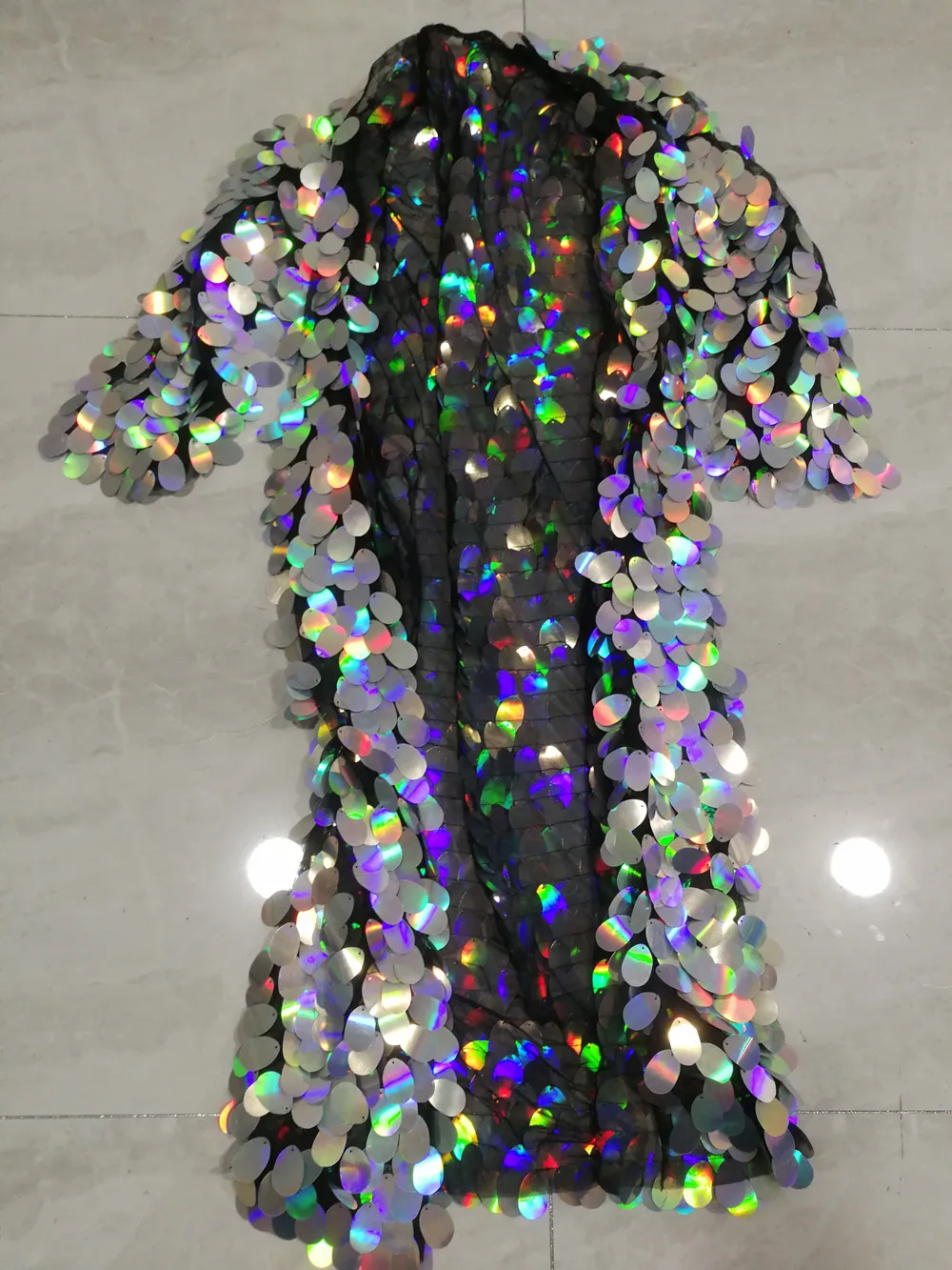 Glitter Silver Sequins Super Long Coat Male Women Stage Show Reflective Mirror Cloak Singer Leading Dance Hip Hop Punk Overcoat