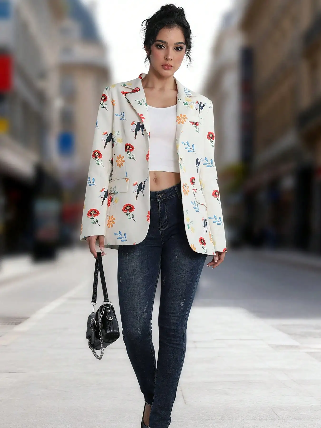 سترة نسائية جديدة على الطراز الفرنسي وأناقة بطبعة زهور وطيور واحدة الصدر للركاب غير رسمية بأكمام طويلة