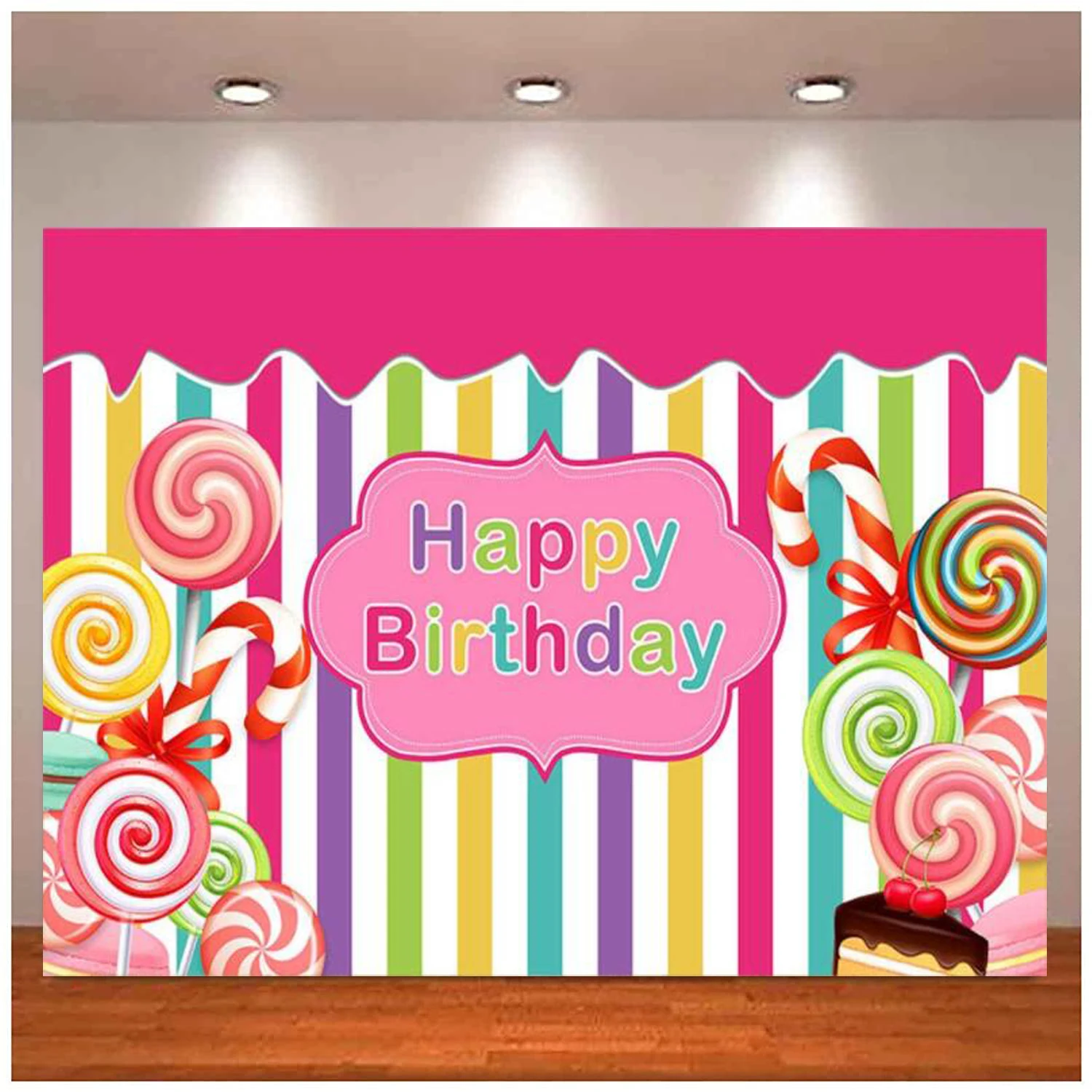 

Candyland Pink Photo Studio Background Girl Happy Birthday Princess Colorful Stripes Cake Party Decorations Photography Backdrop