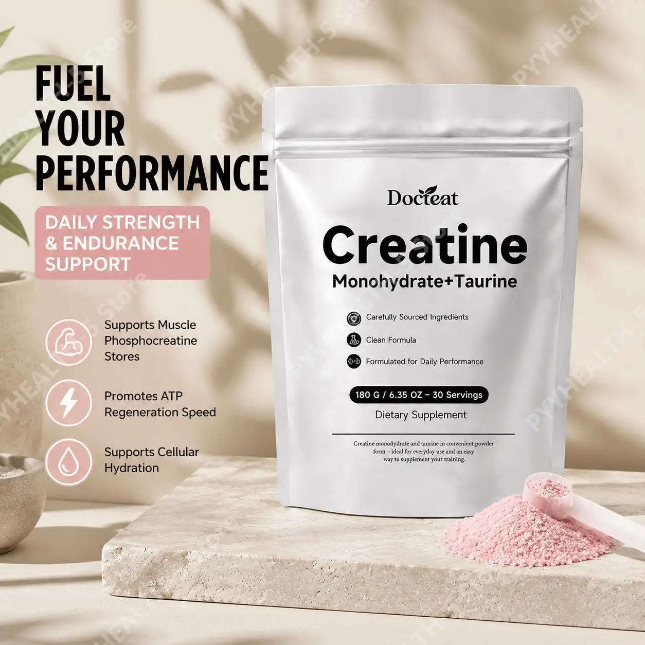 Docteat Creatine Monohydrate Taurine Powder for Muscle Phosphocreatine Support and Sports Nutrition Performance 30 Servings