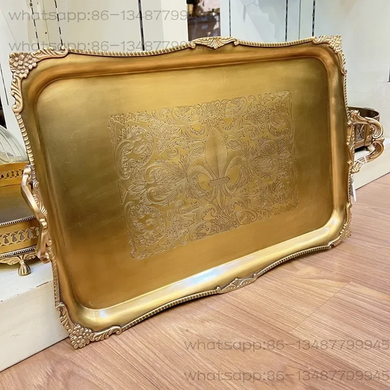 Indian brass European rectangular tray light luxury metal tea tray retro carved villa club living room ornament