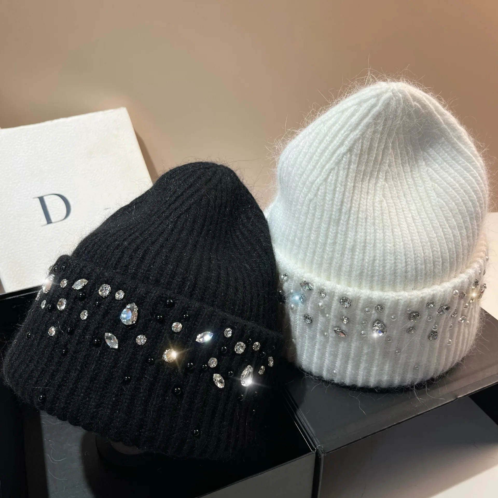 

Niche French Nordic Style Knit Hat for Women - Pearl Crystal Details, Angora Blend, Winter Ear-Warming Beanie with Elegant Vibe