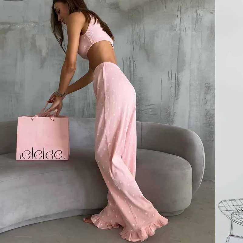 2026 Summer Women's Loungewear Set European American Style Printed Knitted Short Top Ruffle Edges Trousers Two Pieces XXL Size