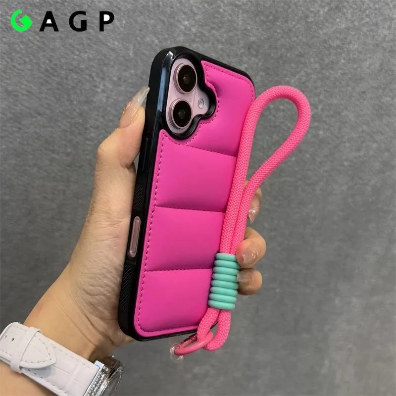 Luxury Wrist Strap Down Jacket Solid Color Phone Case for iPhone 16 15 14 13 Pro Max Plus 12 11 Lanyard 15pro 16promax Cover