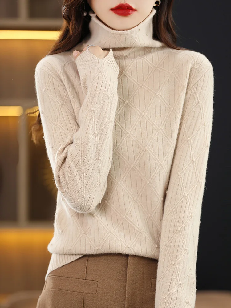 

New 100% Merino Wool Women Sweater Spring Autumn Turtleneck Long Sleeve Solid Color Diamonds Pullover Higt-Quality Soft Clothing