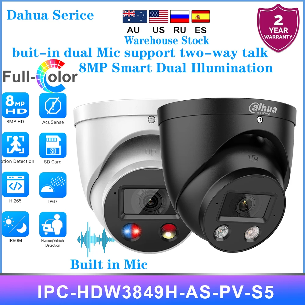 Dahua 4K 8MP POE IPC-HDW3849H-AS-PV-S5 IP Camera Two-way Talk Smart Dual Light TIOC 3.0 Eyeball WizSense Network Turret Camera